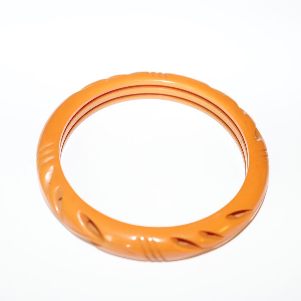 Vintage Bakelite 3/8" Wide Bangle Bracelet Butterscotch Orange Color Pierced